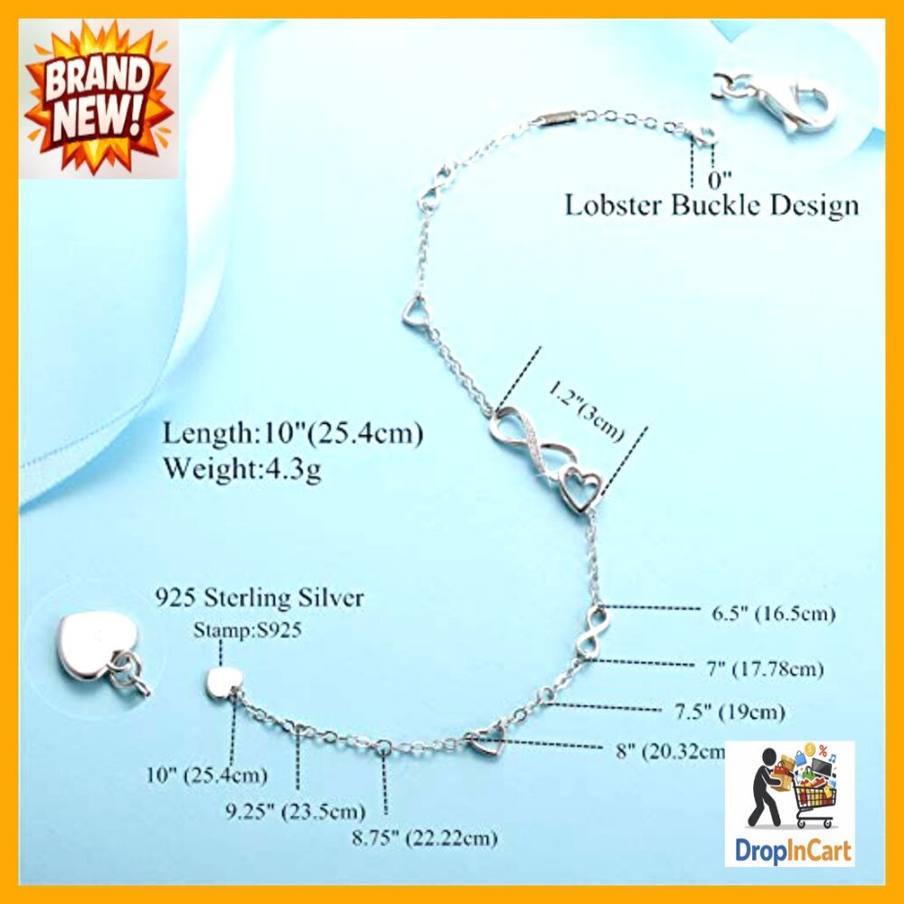 Adjustable Sterling Silver Anklet Infinity Heart … - image 3